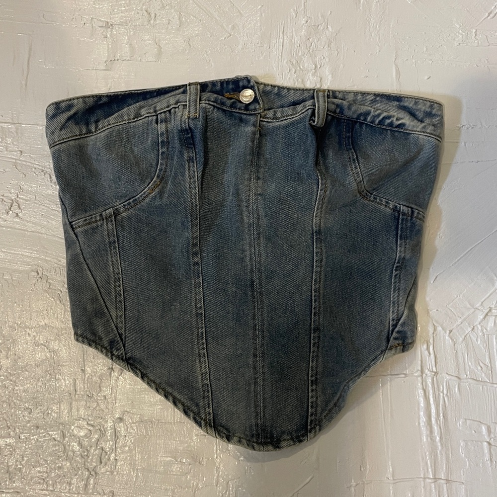 NWT PRETTY LITTLE THING MID BLUE WASH WAISTBAND DETAIL DENIM CORSET TOP